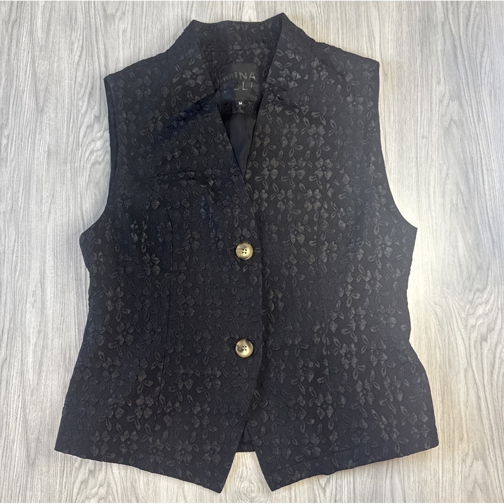 Mina Self Black Sleeveless Blazer Floral Size M